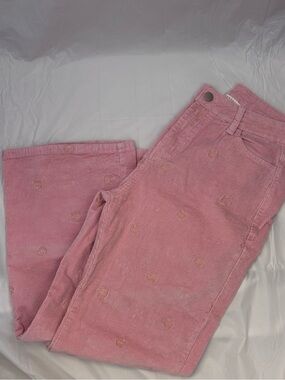 BaeVely Women’s Pink Corduroy Pants with Smiley Face Embroidery, Size L